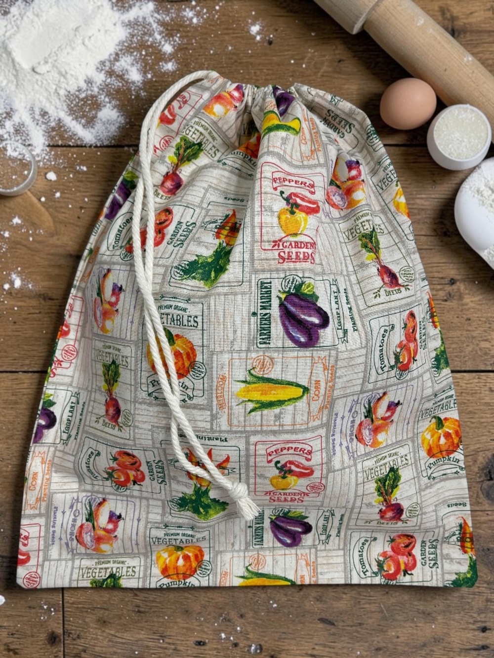 Vegetable Print Cotton Bread Bag, Reusable Bread Storage Bag, Fresh Bread Keeper - Picture 4 of 6